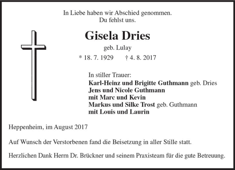  Traueranzeige für Gisela Dries vom 15.08.2017 aus Trauerportal Echo Online