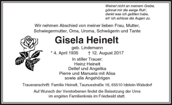 Traueranzeige von Gisela Heinelt von  Camberger Anzeiger