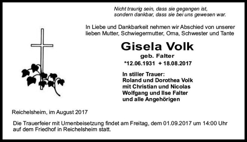  Traueranzeige für Gisela Volk vom 26.08.2017 aus Trauerportal Echo Online
