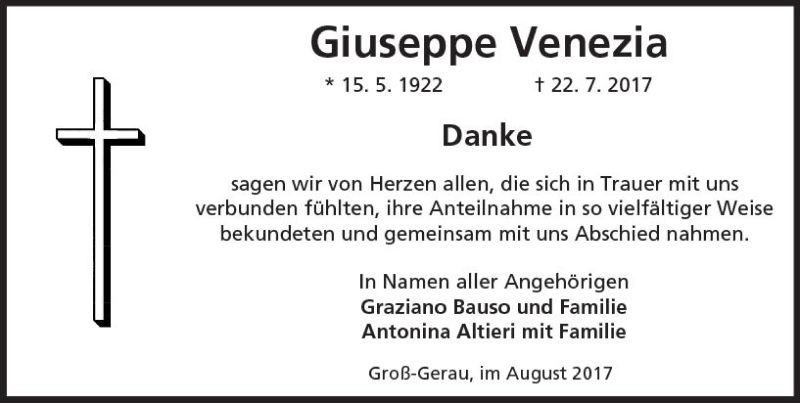  Traueranzeige für Giuseppe Venezia vom 05.08.2017 aus Trauerportal Echo Online