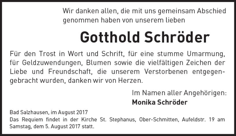  Traueranzeige für Gotthold Schröder vom 05.08.2017 aus  Kreisanzeiger