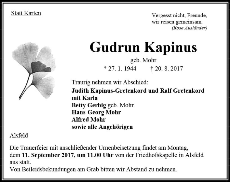  Traueranzeige für Gudrun Kapinus vom 26.08.2017 aus VRM Trauer
