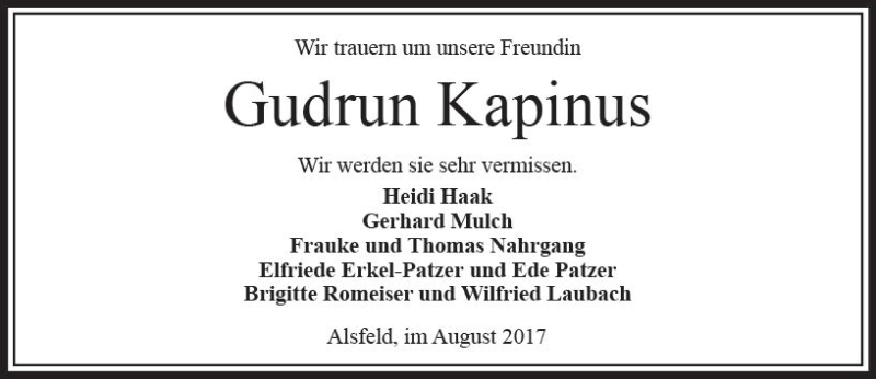  Traueranzeige für Gudrun Kapinus vom 26.08.2017 aus VRM Trauer