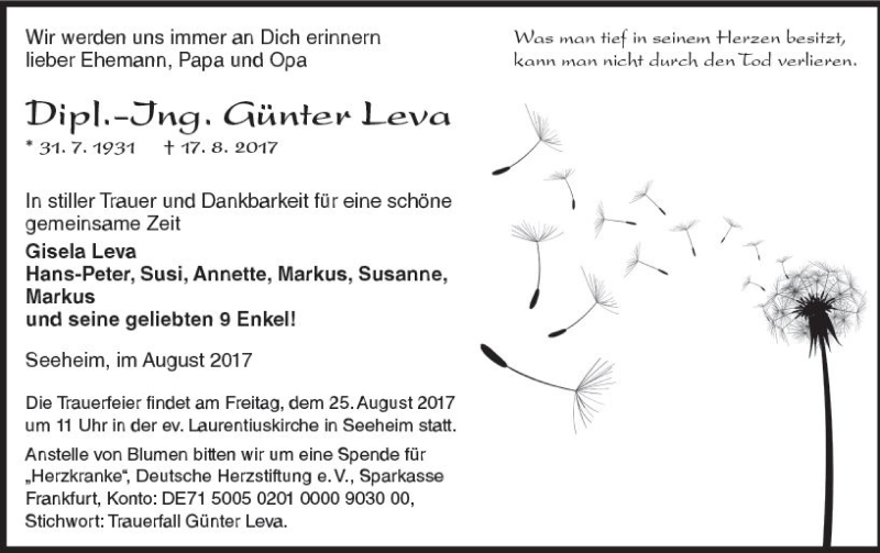  Traueranzeige für Günter Leva vom 22.08.2017 aus Trauerportal Echo Online