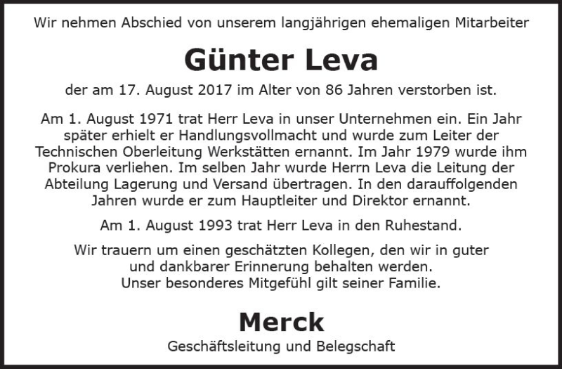  Traueranzeige für Günter Leva vom 28.08.2017 aus Trauerportal Echo Online