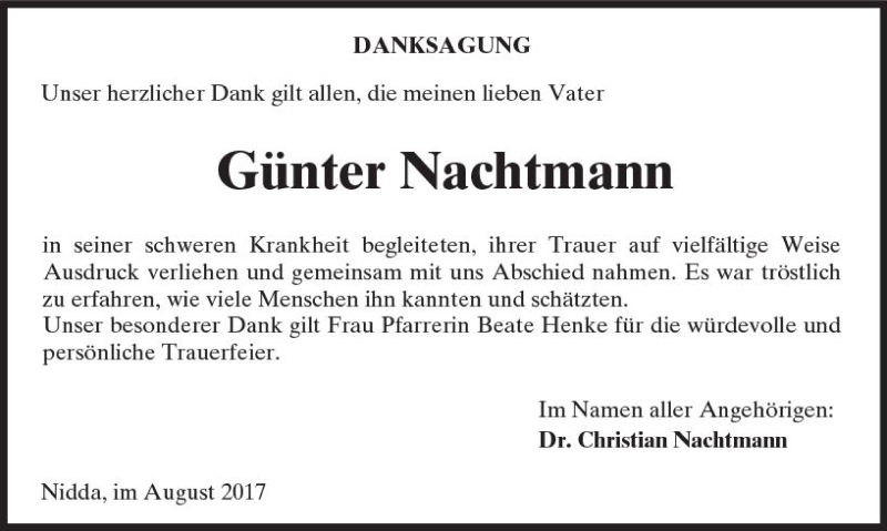  Traueranzeige für Günter Nachtmann vom 05.08.2017 aus  Kreisanzeiger