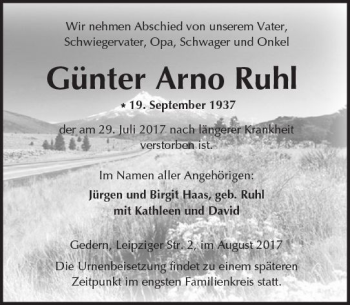 Traueranzeige von Günter Arno Ruhl von  Kreisanzeiger