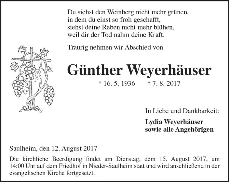  Traueranzeige für Günther Weyerhäuser vom 12.08.2017 aus Trauerportal Rhein Main Presse