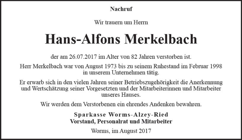  Traueranzeige für Hans-Alfons Merkelbach vom 03.08.2017 aus Trauerportal Rhein Main Presse