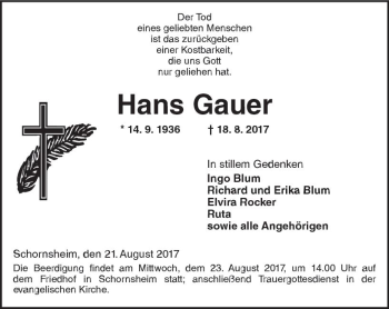 Traueranzeige von Hans Gauer von Trauerportal Rhein Main Presse