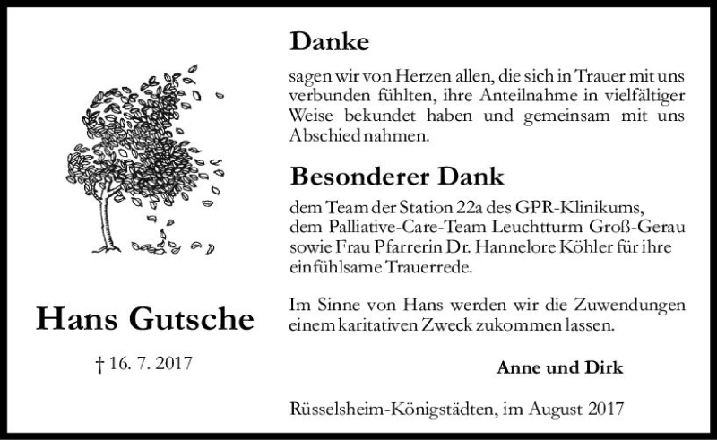  Traueranzeige für Hans Gutsche vom 25.08.2017 aus Trauerportal Rhein Main Presse