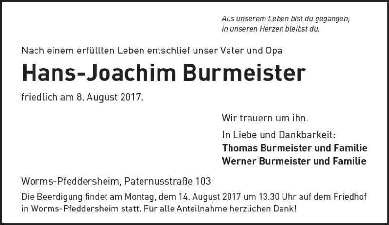  Traueranzeige für Hans-Joachim Burmeister vom 11.08.2017 aus Trauerportal Rhein Main Presse