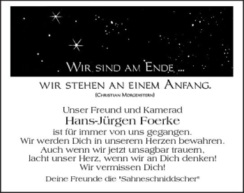 Traueranzeige von Hans-Jürgen Foerke von Trauerportal Echo Online