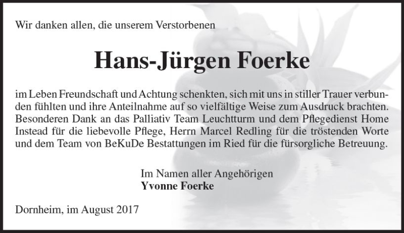  Traueranzeige für Hans-Jürgen Foerke vom 26.08.2017 aus Trauerportal Echo Online