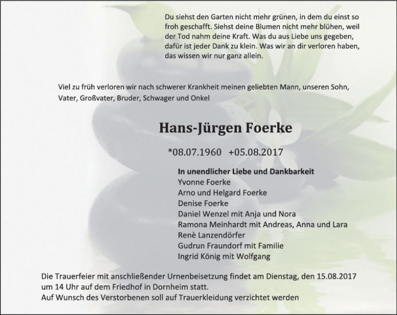  Traueranzeige für Hans-Jürgen Foerke vom 12.08.2017 aus Trauerportal Echo Online