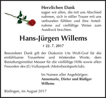 Traueranzeige von Hans-Jürgen Willems von  Kreisanzeiger