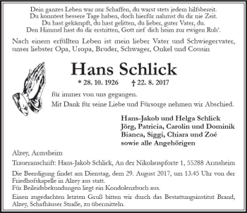 Traueranzeige von Hans Schlick von Trauerportal Rhein Main Presse