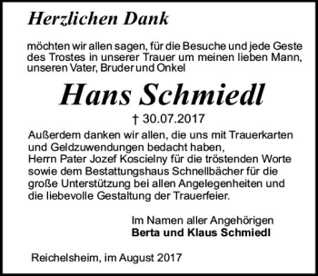 Traueranzeige von Hans Schmiedl von Trauerportal Echo Online