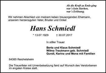Traueranzeige von Hans Schmiedl von Trauerportal Echo Online