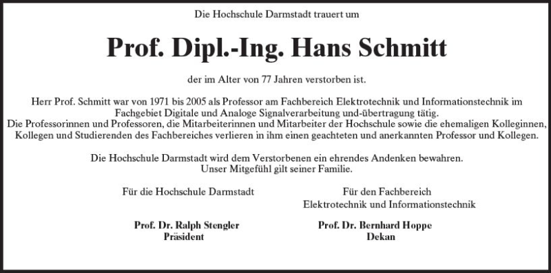  Traueranzeige für Hans Schmitt vom 26.08.2017 aus Trauerportal Echo Online