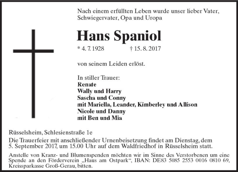  Traueranzeige für Hans Spaniol vom 19.08.2017 aus Trauerportal Rhein Main Presse
