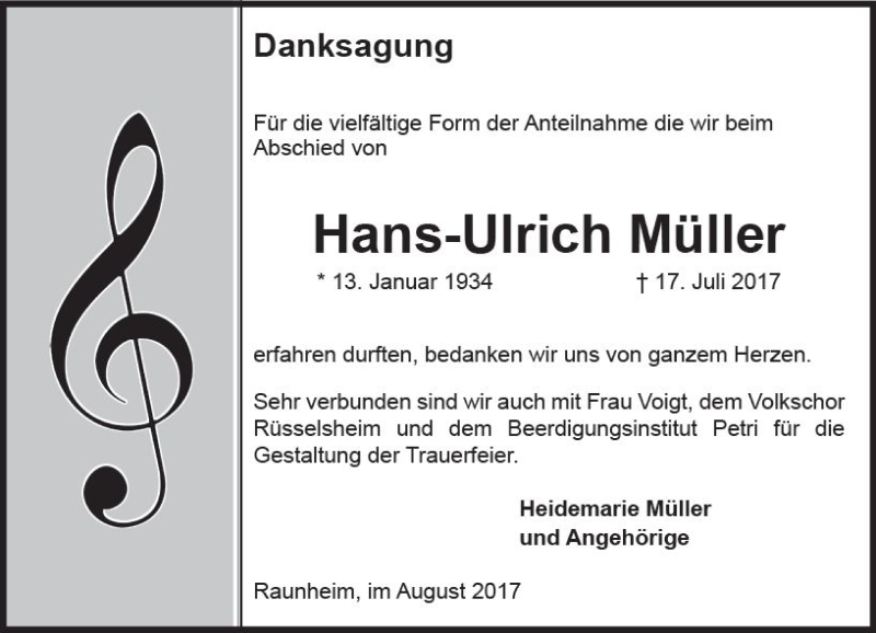  Traueranzeige für Hans-Ulrich Müller vom 19.08.2017 aus Trauerportal Rhein Main Presse