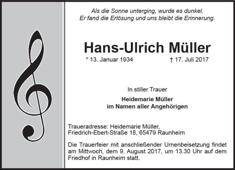  Traueranzeige für Hans-Ulrich Müller vom 05.08.2017 aus Trauerportal Rhein Main Presse