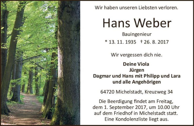  Traueranzeige für Hans Weber vom 30.08.2017 aus Trauerportal Echo Online