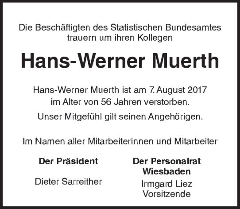 Traueranzeige für Hans-Werner Muerth vom 12.08.2017 aus Trauerportal Rhein Main Presse