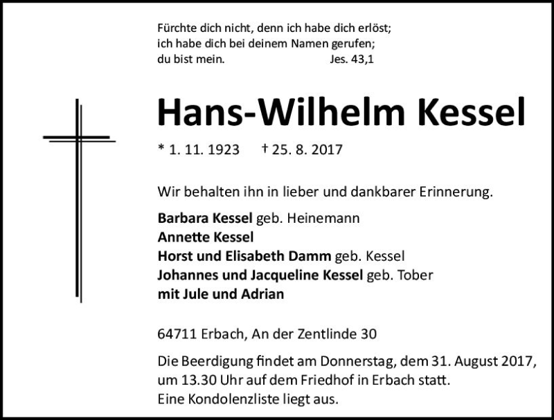  Traueranzeige für Hans-Wilhelm Kessel vom 29.08.2017 aus Trauerportal Echo Online