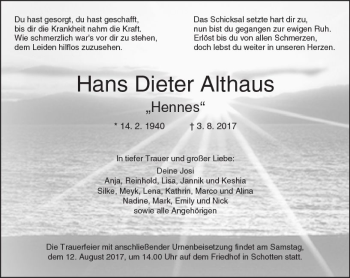 Traueranzeige von Hans Dieter Althaus von  Kreisanzeiger
