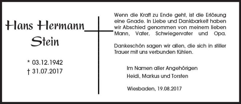  Traueranzeige für Hans Hermann Stein vom 19.08.2017 aus Trauerportal Rhein Main Presse
