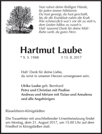 Traueranzeige von Hartmut Laube von Trauerportal Rhein Main Presse