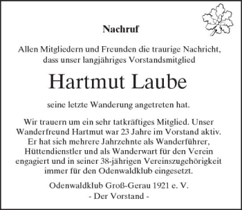 Traueranzeige von Hartmut Laube von Trauerportal Rhein Main Presse