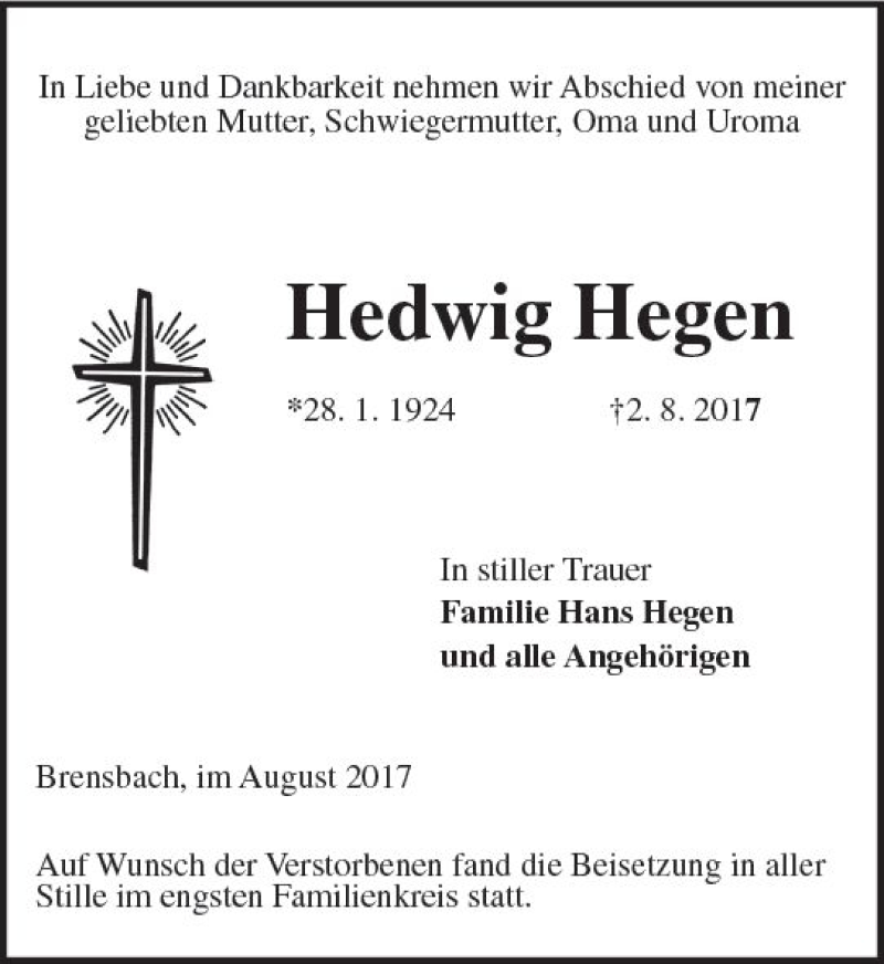  Traueranzeige für Hedwig Hegen vom 19.08.2017 aus Trauerportal Echo Online