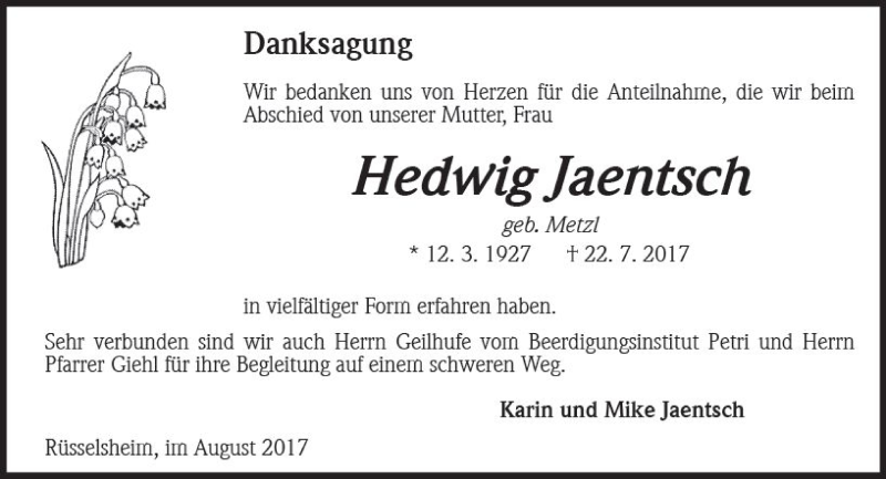  Traueranzeige für Hedwig Jaentsch vom 11.08.2017 aus Trauerportal Rhein Main Presse