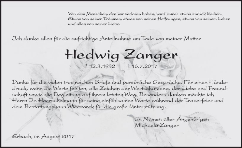  Traueranzeige für Hedwig Zanger vom 26.08.2017 aus Trauerportal Echo Online