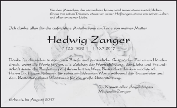 Traueranzeige von Hedwig Zanger von Trauerportal Echo Online