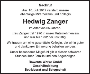 Traueranzeige von Hedwig Zanger von Trauerportal Echo Online