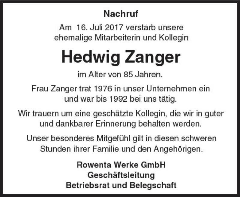  Traueranzeige für Hedwig Zanger vom 12.08.2017 aus Trauerportal Echo Online