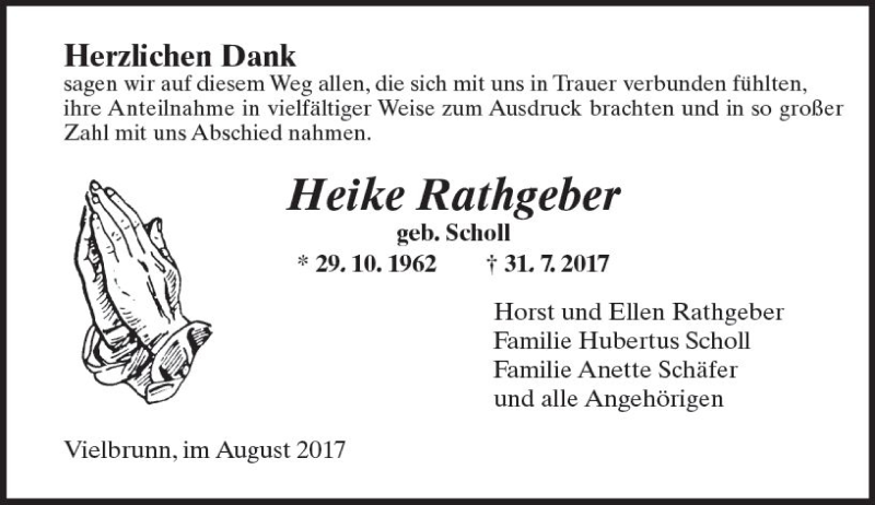  Traueranzeige für Heike Rathgeber vom 19.08.2017 aus Trauerportal Echo Online
