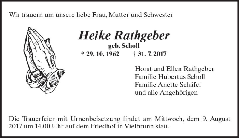  Traueranzeige für Heike Rathgeber vom 05.08.2017 aus Trauerportal Echo Online