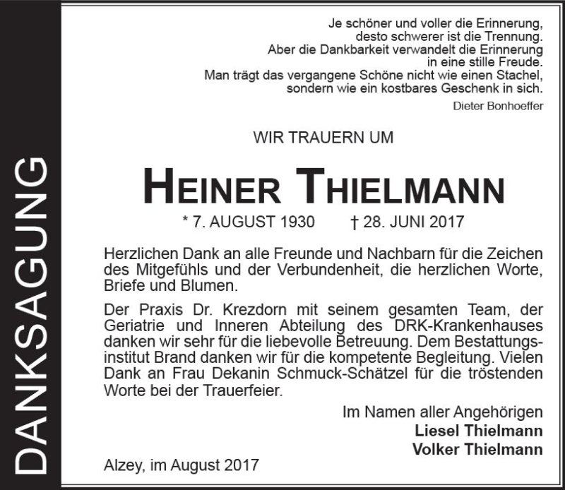  Traueranzeige für Heiner Thielmann vom 05.08.2017 aus Trauerportal Rhein Main Presse