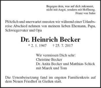 Traueranzeige von Heinrich Becker von  Gießener Anzeiger