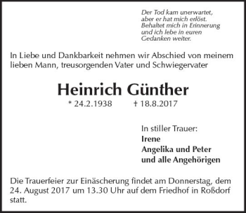 Traueranzeige von Heinrich Günther von Trauerportal Echo Online