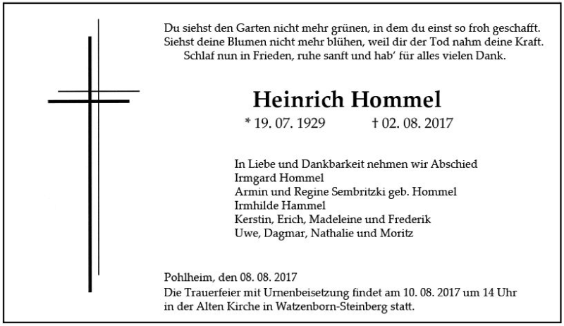  Traueranzeige für Heinrich Hommel vom 08.08.2017 aus  Gießener Anzeiger