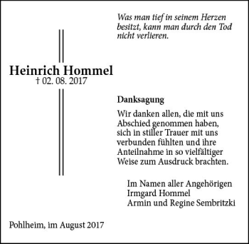 Traueranzeige von Heinrich Hommel von  Gießener Anzeiger