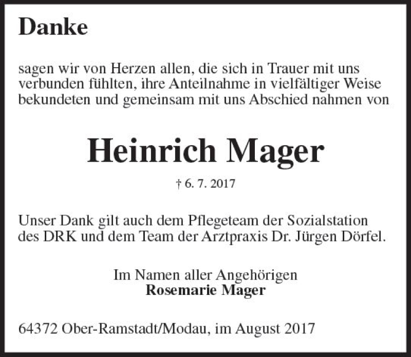  Traueranzeige für Heinrich Mager vom 26.08.2017 aus Trauerportal Echo Online