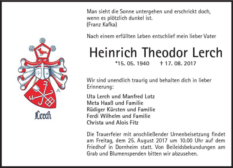  Traueranzeige für Heinrich Theodor Lerch vom 22.08.2017 aus Trauerportal Echo Online