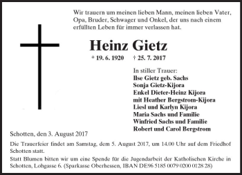 Traueranzeige von Heinz Gietz von  Kreisanzeiger